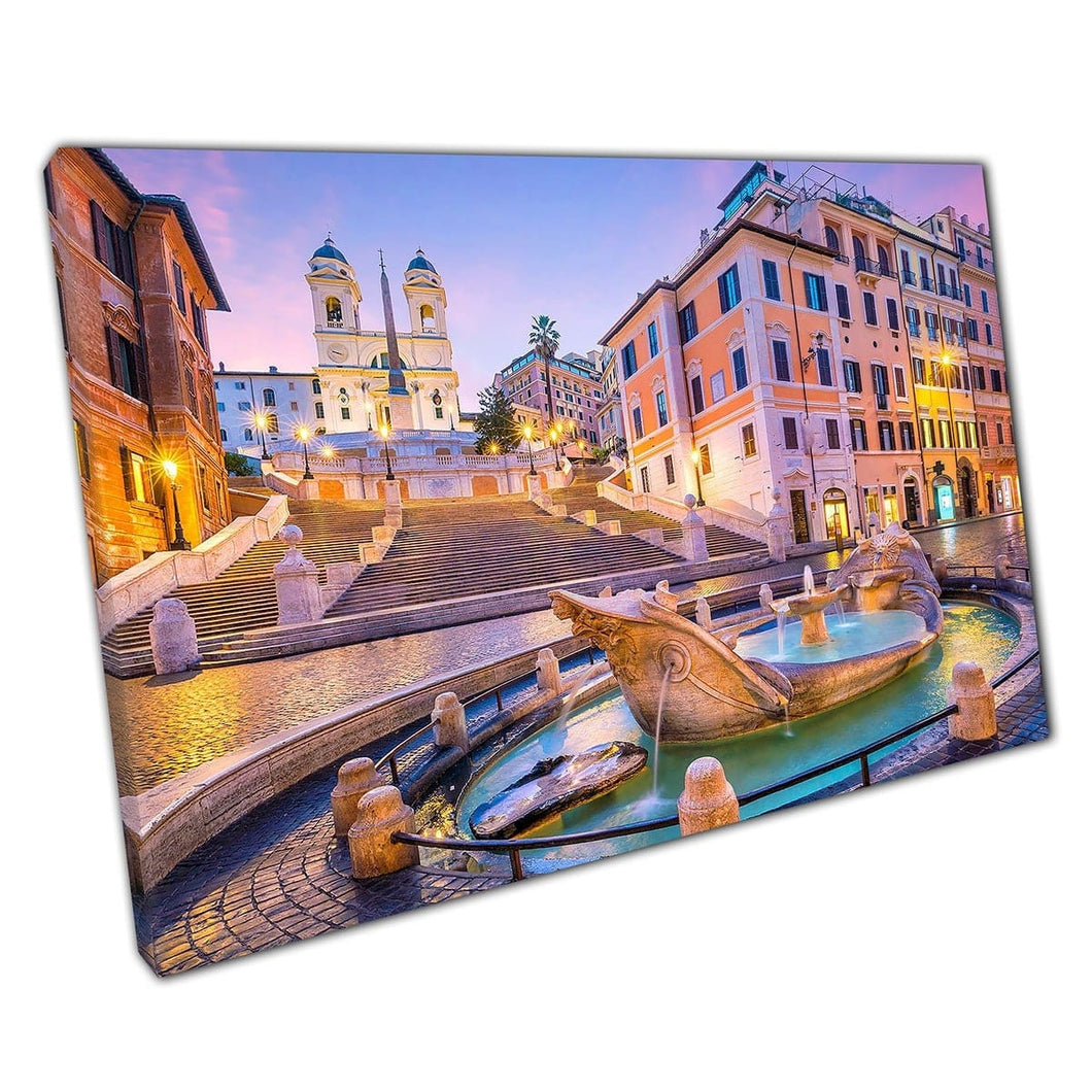 Spaanse stappen in de gloed van Twilight Water Fountain Rome Italië beroemde bezienswaardigheden Wall Art Print op canvas gemonteerde canvas print