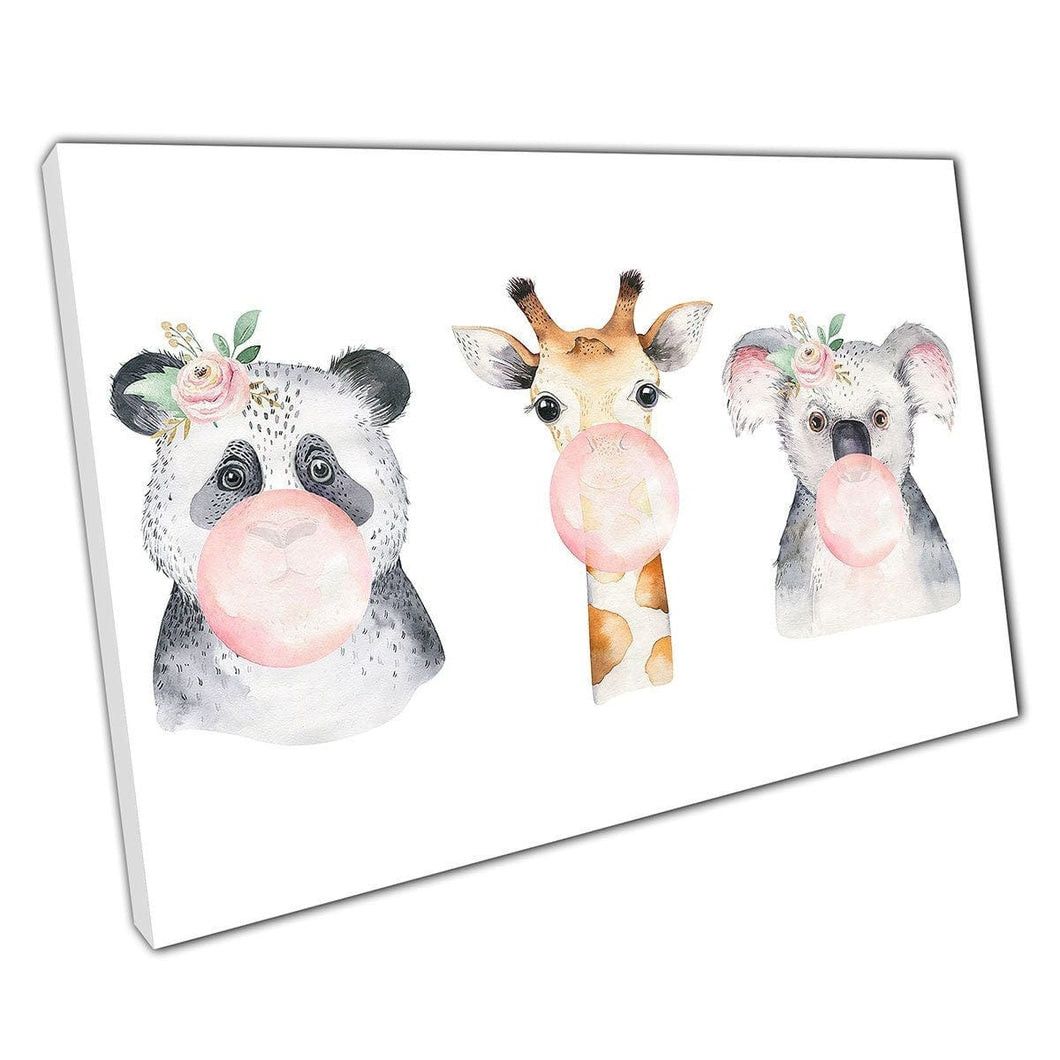Mignon aquarelle bubble-gum animal ami illustration panda koala giraffe faune art mur d'art sur toile