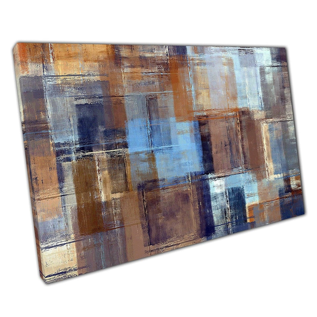Koud afgestemde bruin en blues Abstract artistieke vierkanten grunge textureerde stijl kunstwerken muurkunst print op canvas gemonteerde canvas print