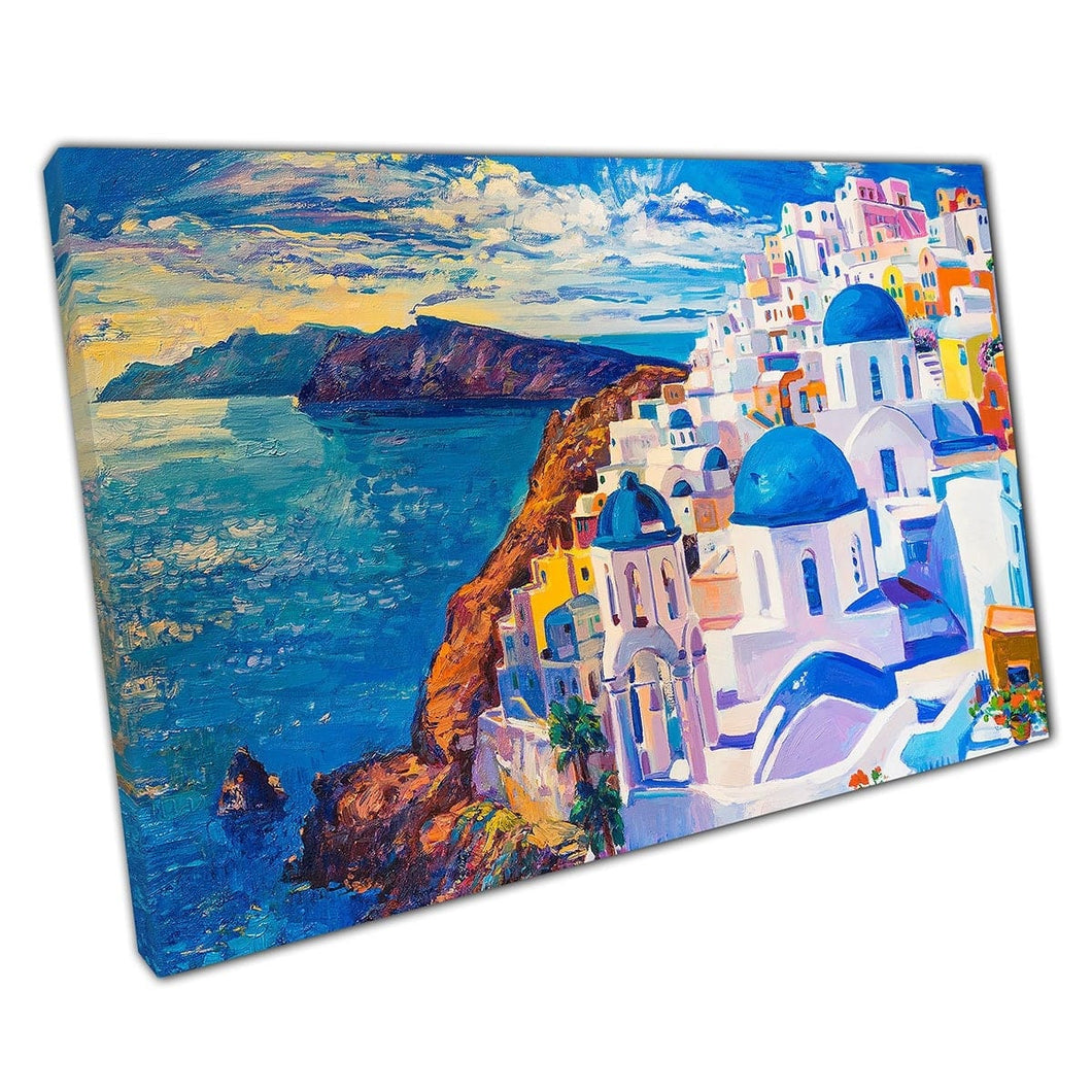 Beautiful Painted Style View Of Santorini Greece On A Summers Day Contemporary Wall Art Print On Canvas Mounted Canvas print