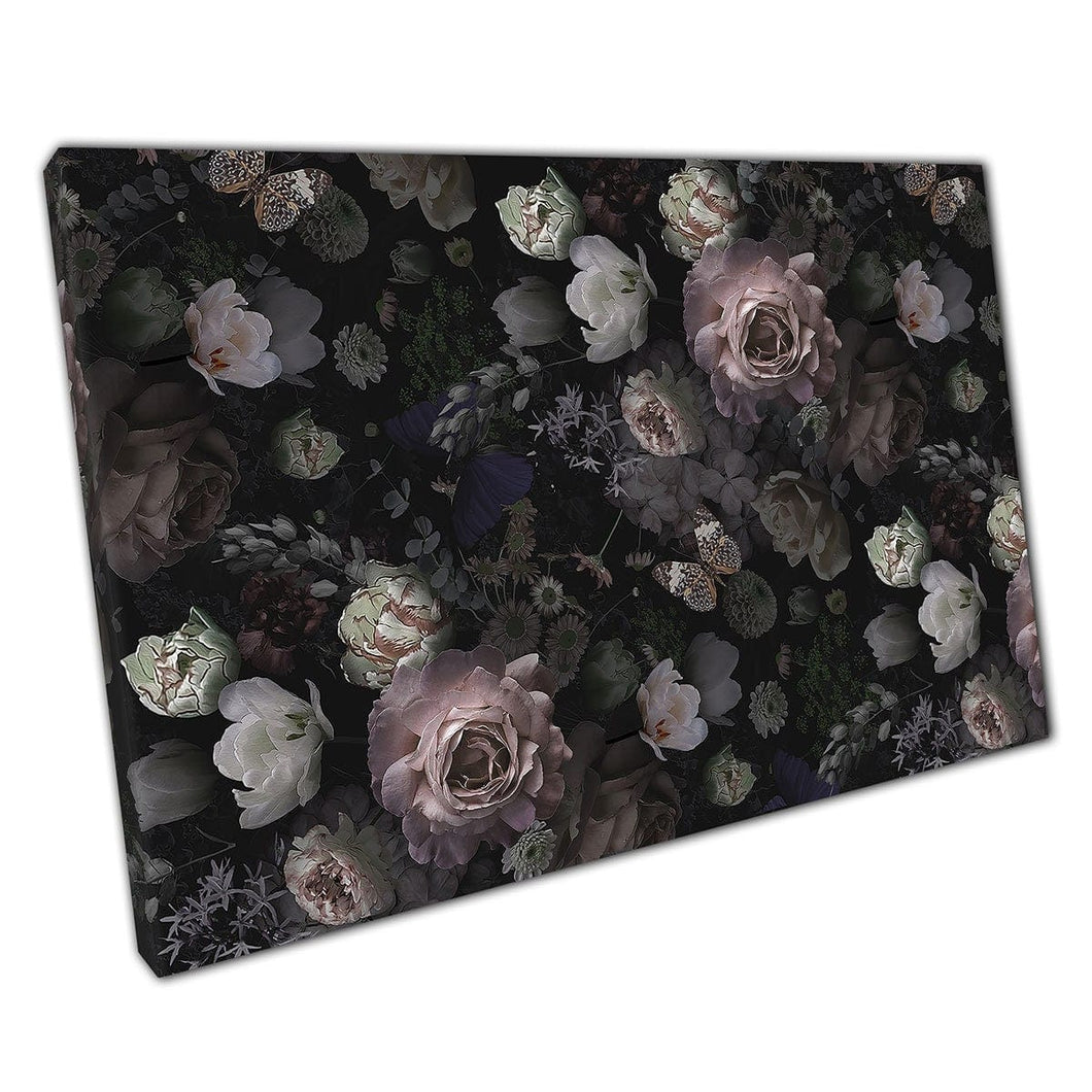 Blumen -Vintage -Stil blühende Blumensträuße altmodische Blumen Pink Weiß Kunstdruck auf Leinwand montiertes Leinwand Druck