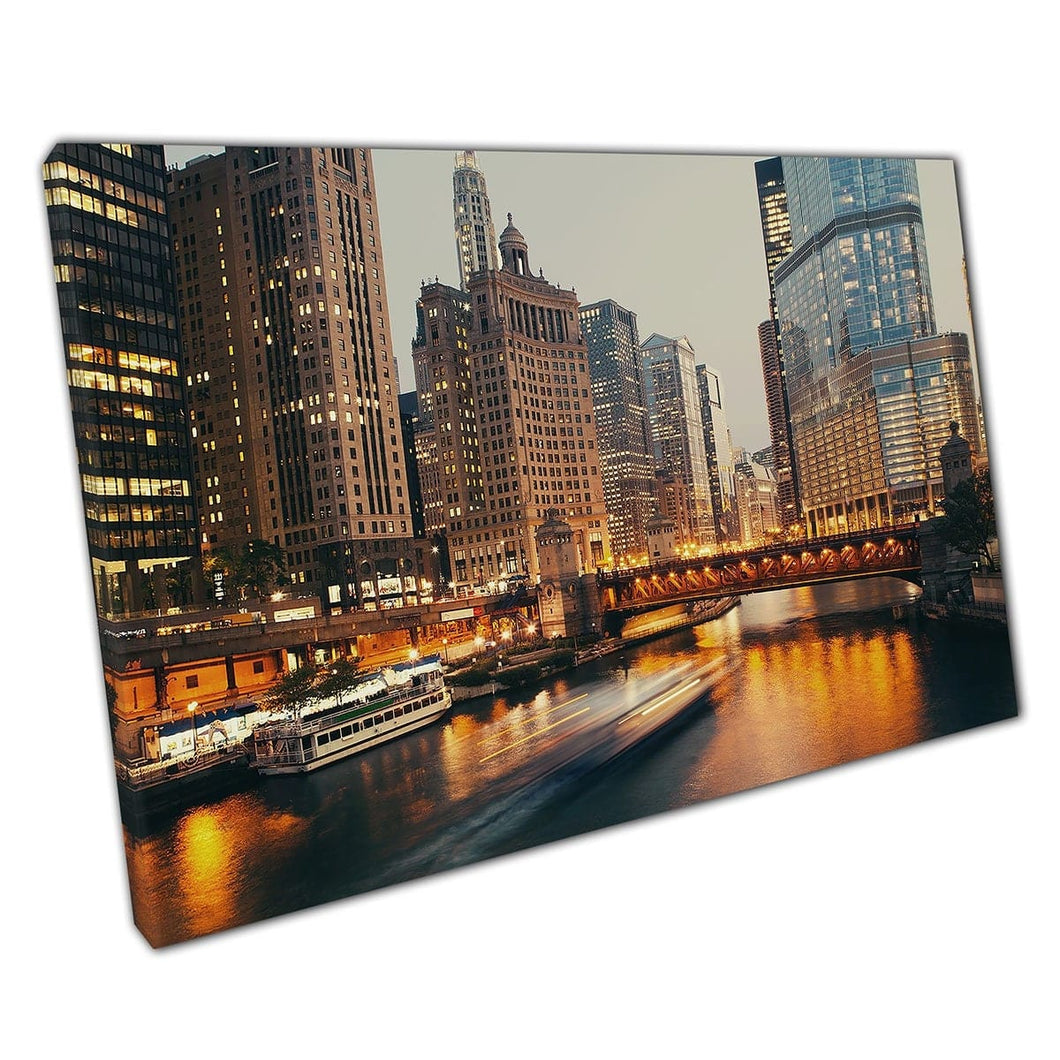 Dusable Bridge verlicht in Golden Light bij Twilight Chicago Busy Modern CityScape Wall Art Print op canvas gemonteerde canvas print