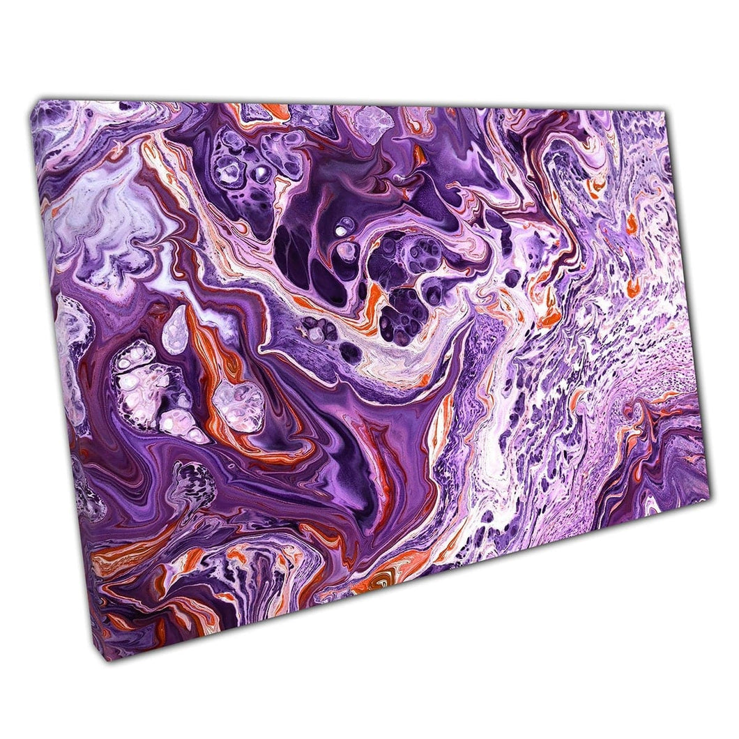 Beautiful Abstract Flowing Marbling Ink Technique Vibrant Purple Fiery Orange White Wall Art Print On Canvas Mounted Canvas print