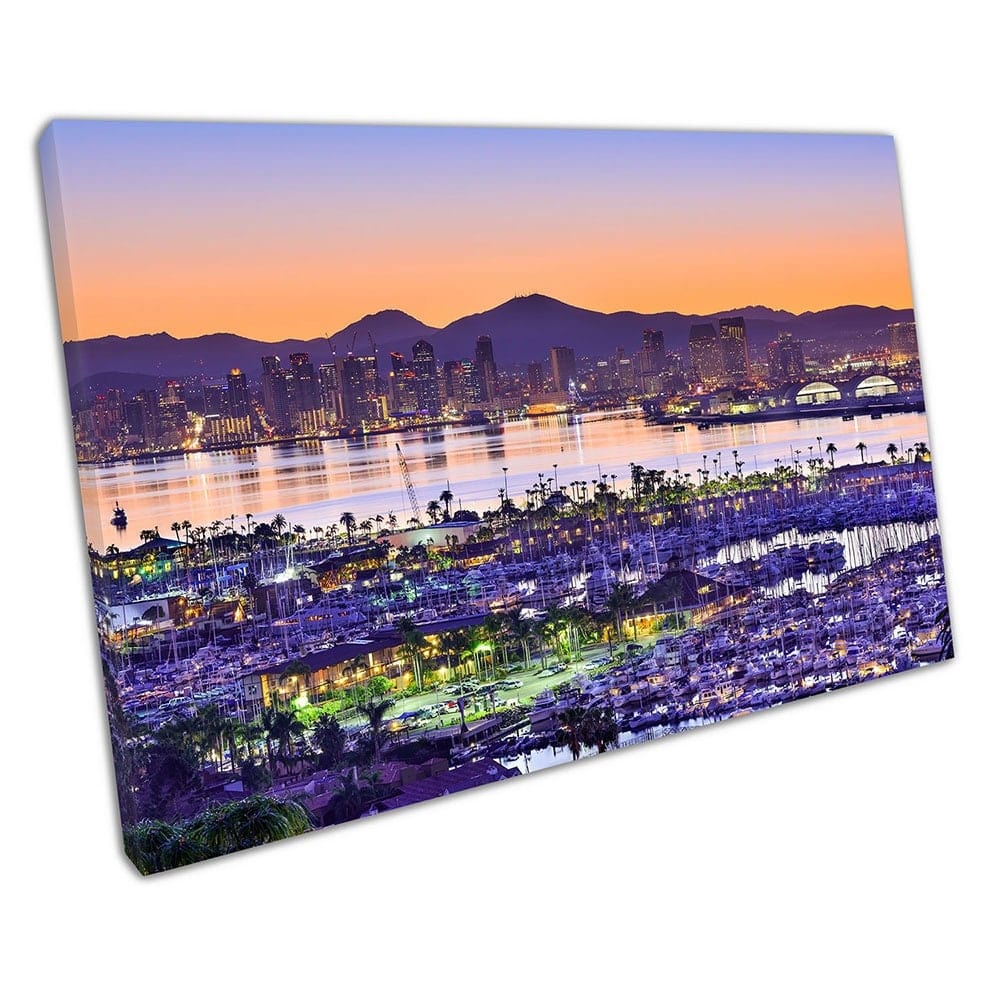 Harbour Marina 's nachts San Diego City in California USA Wall Art Print Mounted Canvas Print