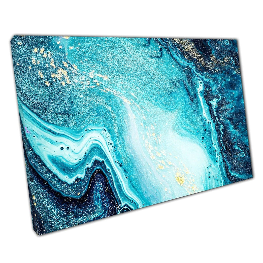 Beautiful Ocean Sea Inspired Abstract Marbling Painting Technique Blues With Gold Wall Art Print On Canvas Mounted Canvas print
