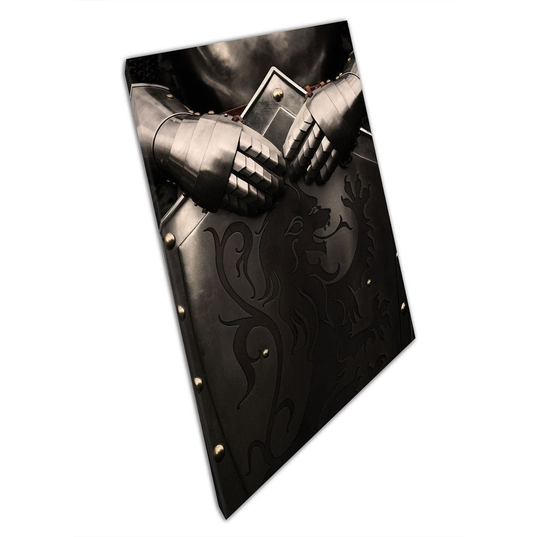 Medieval Knight Warrior Armour And Shield Shining Fantasy Cosplay Fighter Photography Wall Art Print On Canvas Mounted Canvas print