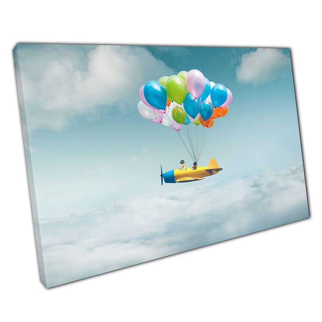 Two Kids In Bright Floating Balloon Powered Aeroplane Dreamy Child's Fantasy Scene Wall Art Print On Canvas Mounted Canvas print