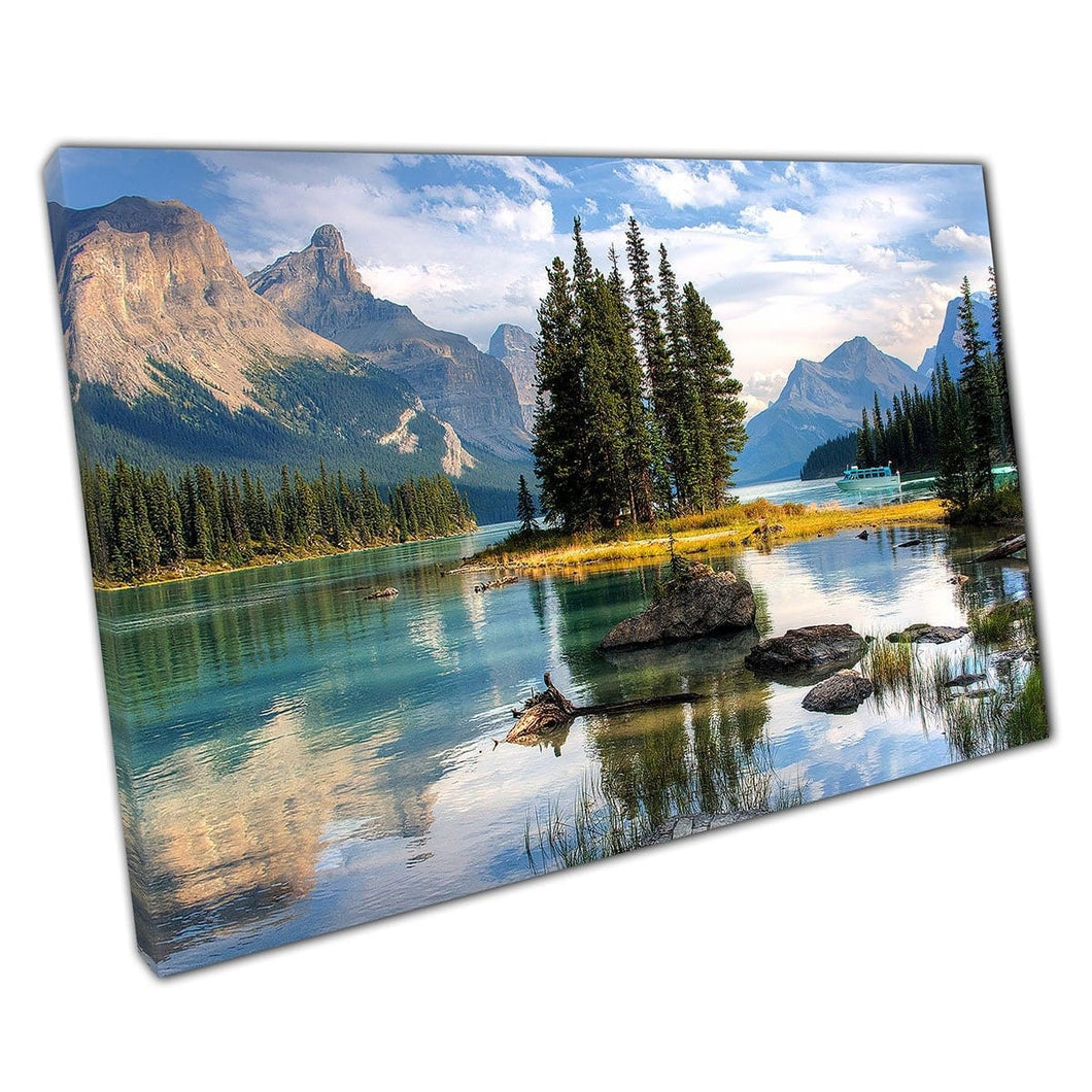 Beautiful Calm Waters Spirit Island Alberta Canada Mountainous Landscape Woodland Wall Art Print On Canvas Mounted Canvas print
