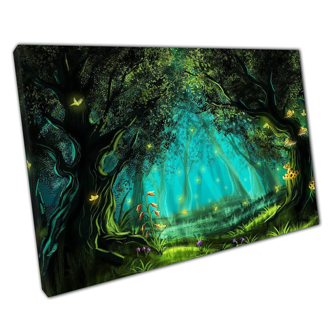 Mistico incantevole magico fantasia fata foresta boschi vasti alberi che brillano di funghi da parete da parete su tela stampa di tela montata