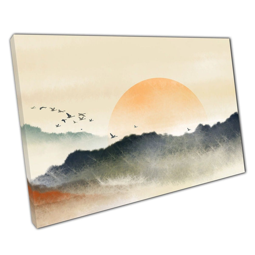 Traditionele oosterse Chinese inktschilderstijl Mooie warm gestinte skyline Sunrise Wall Art Print op canvas gemonteerde canvas print
