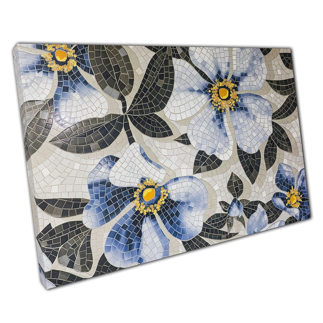 Marbling Mosaic Tile Delicate Floral Blue Flower Pattern Modern Contemporary Artwork Wall Art Print On Canvas Mounted Canvas print