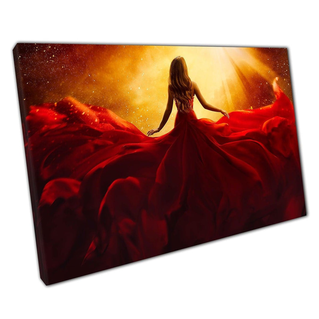 Stunning Woman In A Red Gown Looking Into An Illuminated Night Sky Mystical Fantasy Wall Art Print On Canvas Mounted Canvas print