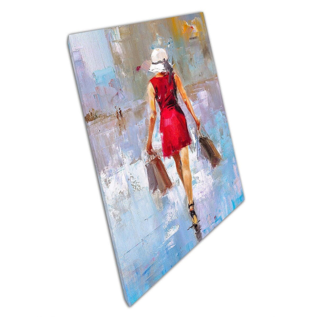 Fashionable Stylish Woman Shopping In Red Dress Oil Painting Wall Art Print On Canvas Mounted Canvas print