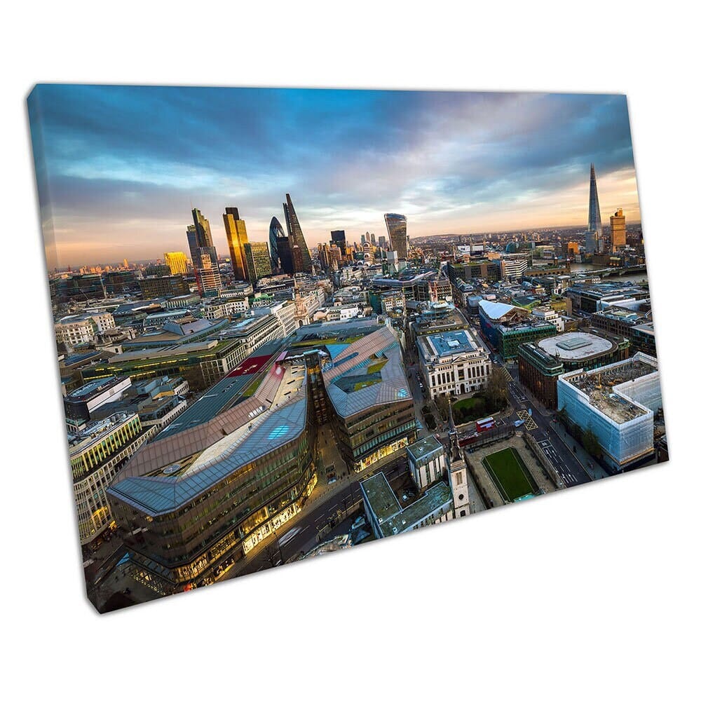 London skyline sunset view of business district Ready to Hang Canvas Wall Art Print Mounted Canvas print