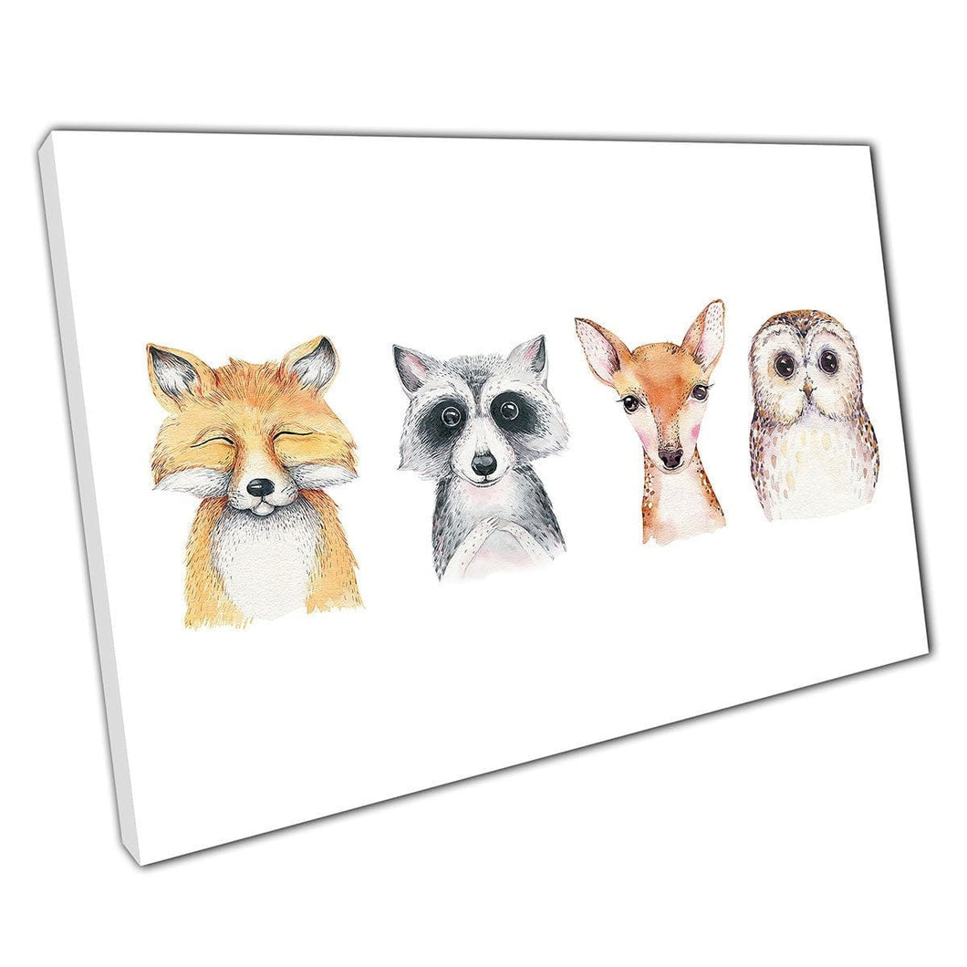Gruppo di adorabili animali boschi di bosco di pittura ad acquerello dipinto di fox porco di razzo di gufo artistico da parete su tela stampa di tela montata