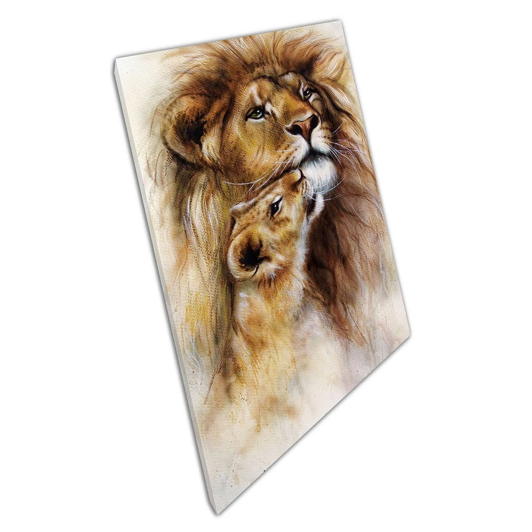 Lion and Lion Cub Airbrush Painting Aquaror Style Canvas Wall Art Print op canvas gemonteerde canvas print