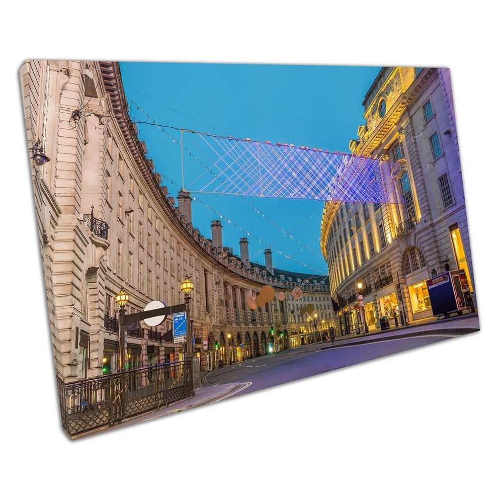 Regent Street Christmas morning London famous shopping Ready to Hang Wall Art Print Mounted Canvas print
