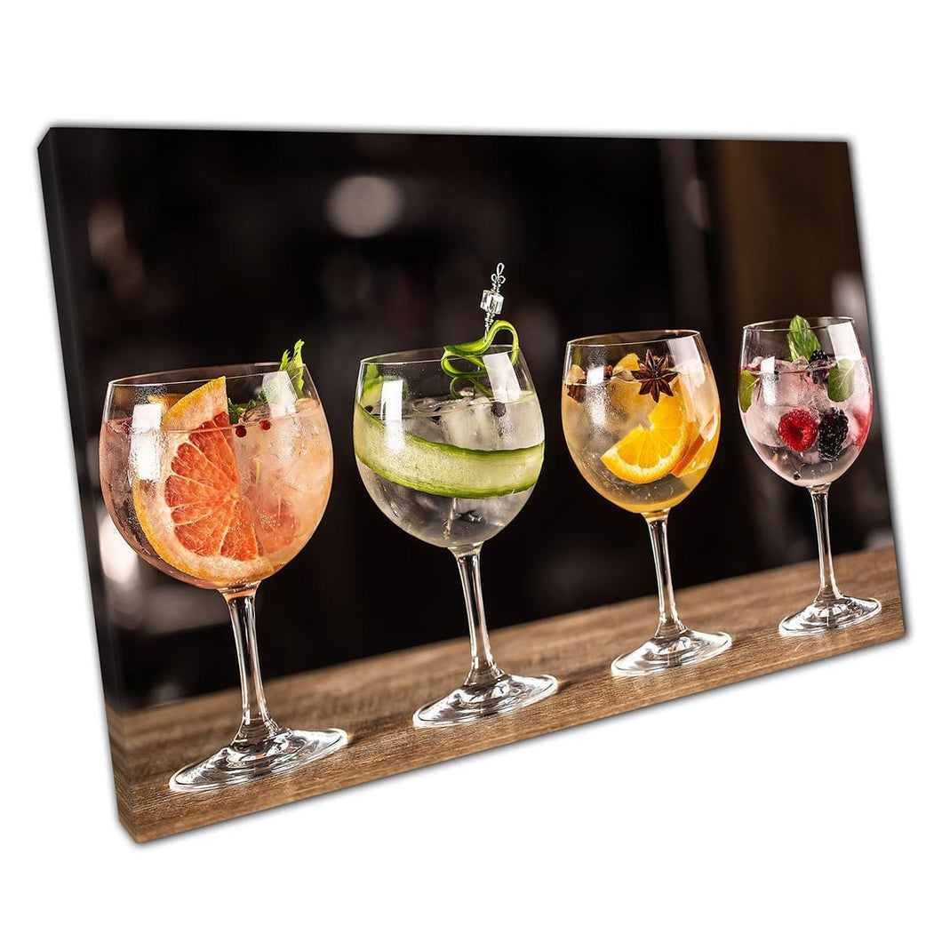 Bevande a gin e tonico con diversi contorni cocktail fotografia fotografia classica bevande da parete art stampa su tela stampa di tela montata