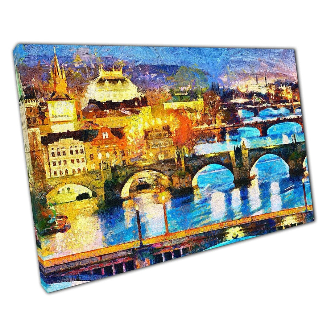 Verlichte bruggen van Praag bij Night Oil Painting Wall Art Print op canvas gemonteerde canvas print