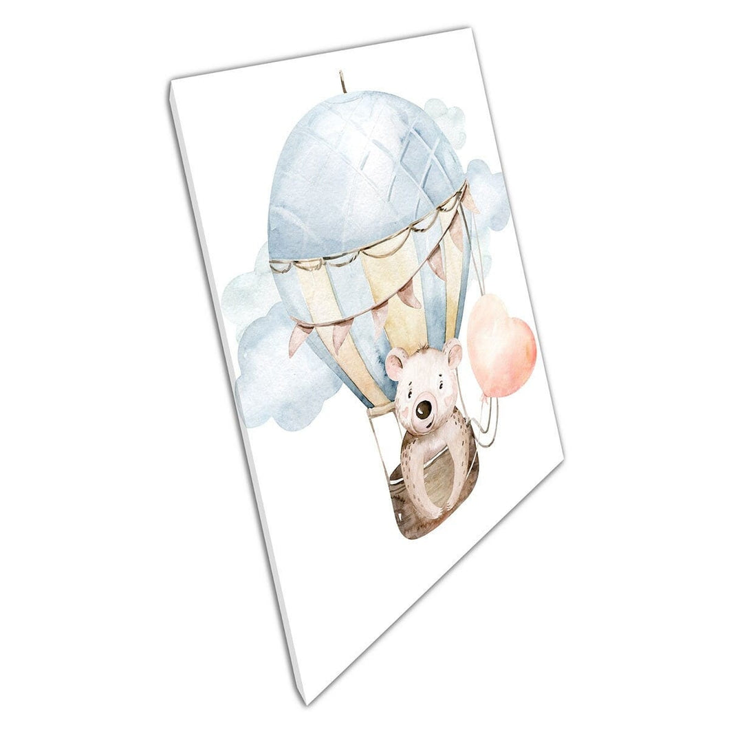 Schattige babybeer rijdt in een hete luchtballon kinderen kinderkamer aquarel schilderstijl muur kunstprint op canvas gemonteerde canvas print