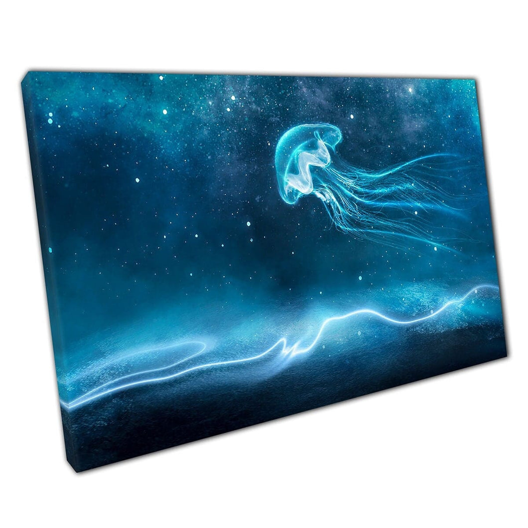 Sterrenheme Galaxy Jellyfish Fantasy Night Sky Glowing Ocean Mountains Magical Sea Scene Wall Art Print op canvas gemonteerde canvas print