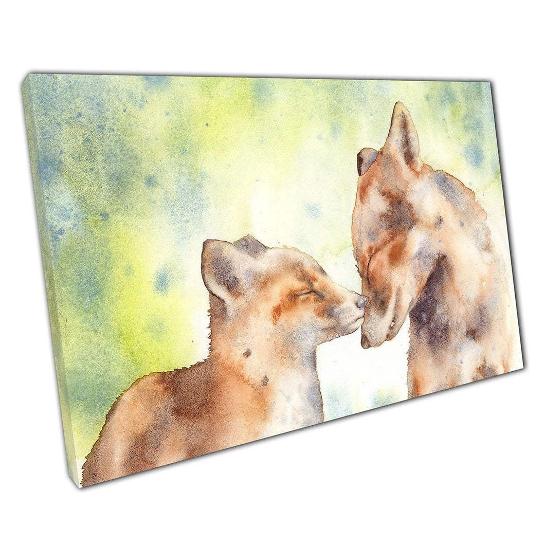 Fox Family Kisses Cute Wildlife Animal Watercolour Painting Wall Art Print On Canvas Mounted Canvas print