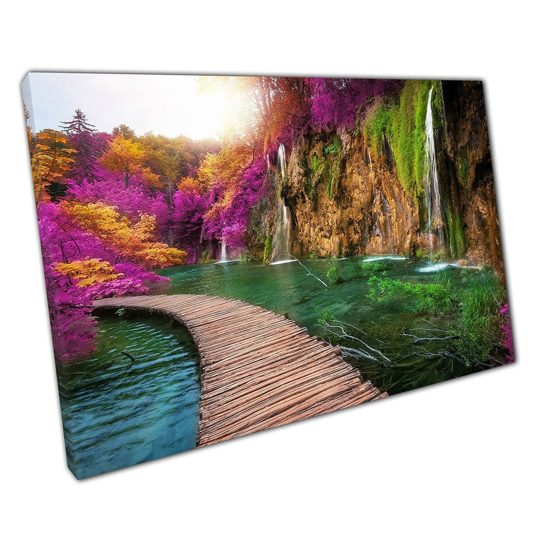 Beautiful Wooden Path Waterfall Nature Trail Plitvice Lakes National Park Croatia Wall Art Print On Canvas Mounted Canvas print