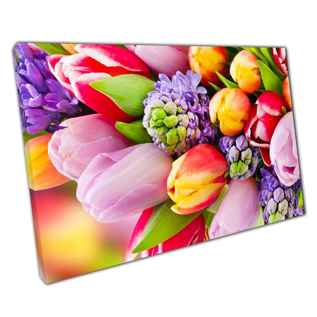Beautiful Bouquet Of Colourful Springtime Flowers In Bloom Florals In Wicker Basket Wall Art Print On Canvas Mounted Canvas print