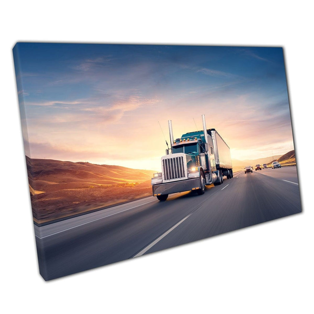 American Trucker Travelling Down A Long Freeway At Sunrise Transport Photography Wall Art Print On Canvas Mounted Canvas print