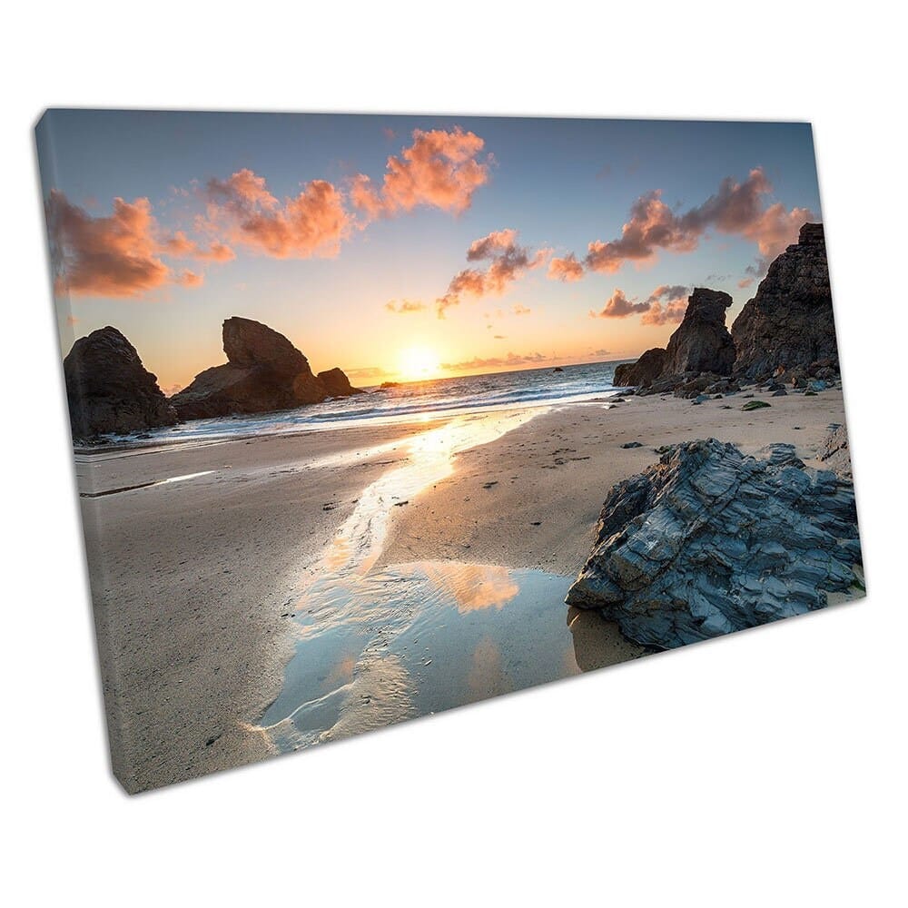 Zonsondergang in Porthcothan Bay aan de North Cornwall Coast English Coast Wall Art Print Mounted Canvas Print