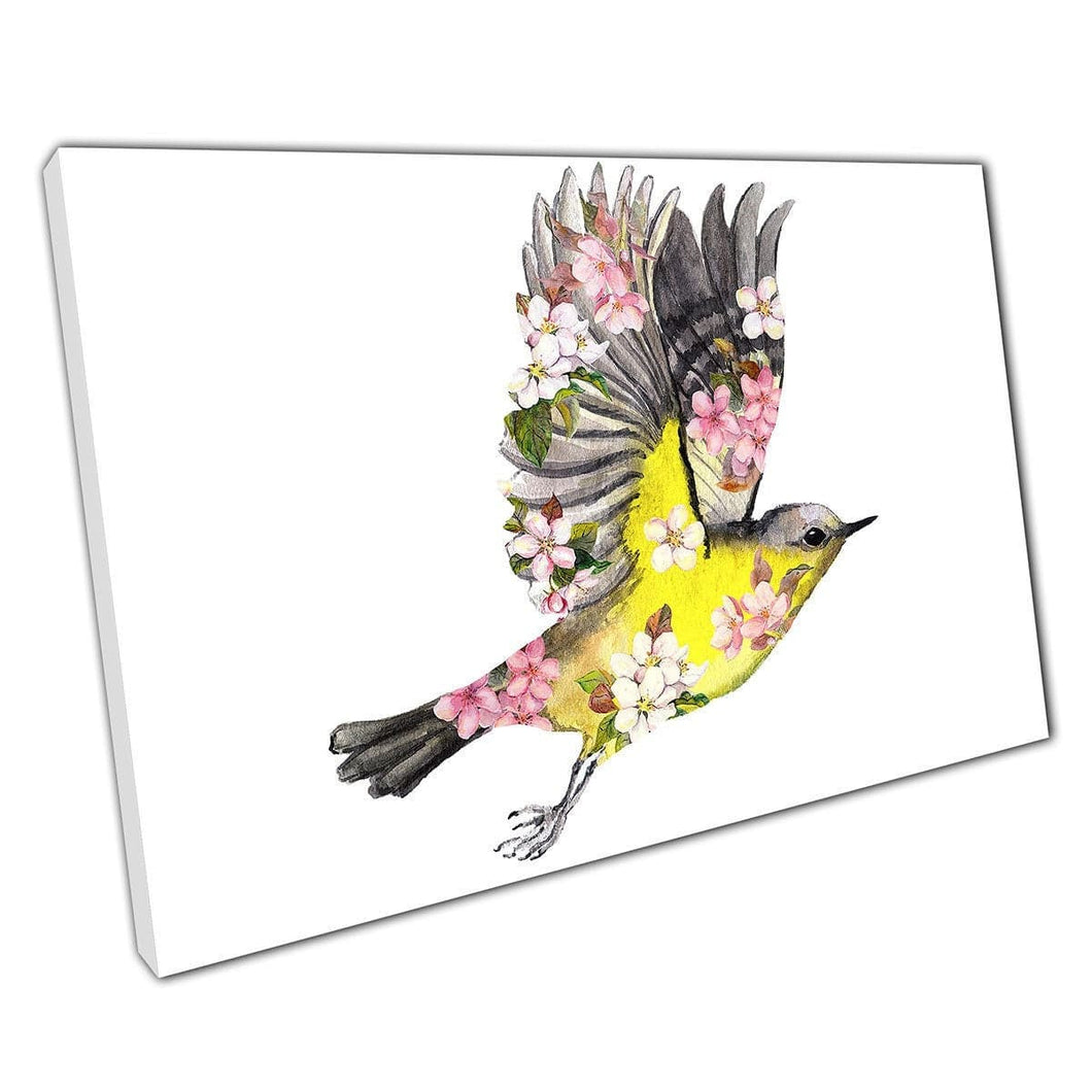 Levendige gele en zwarte vogel in roze kersenbloesems aquarel illustratie muurkunst print op canvas gemonteerde canvas print