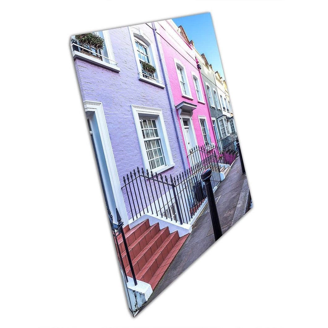 Kleurrijke 18e -eeuwse Georgische klassieke huizen op een London Street Architecture Wall Art Print op canvas gemonteerde canvas print