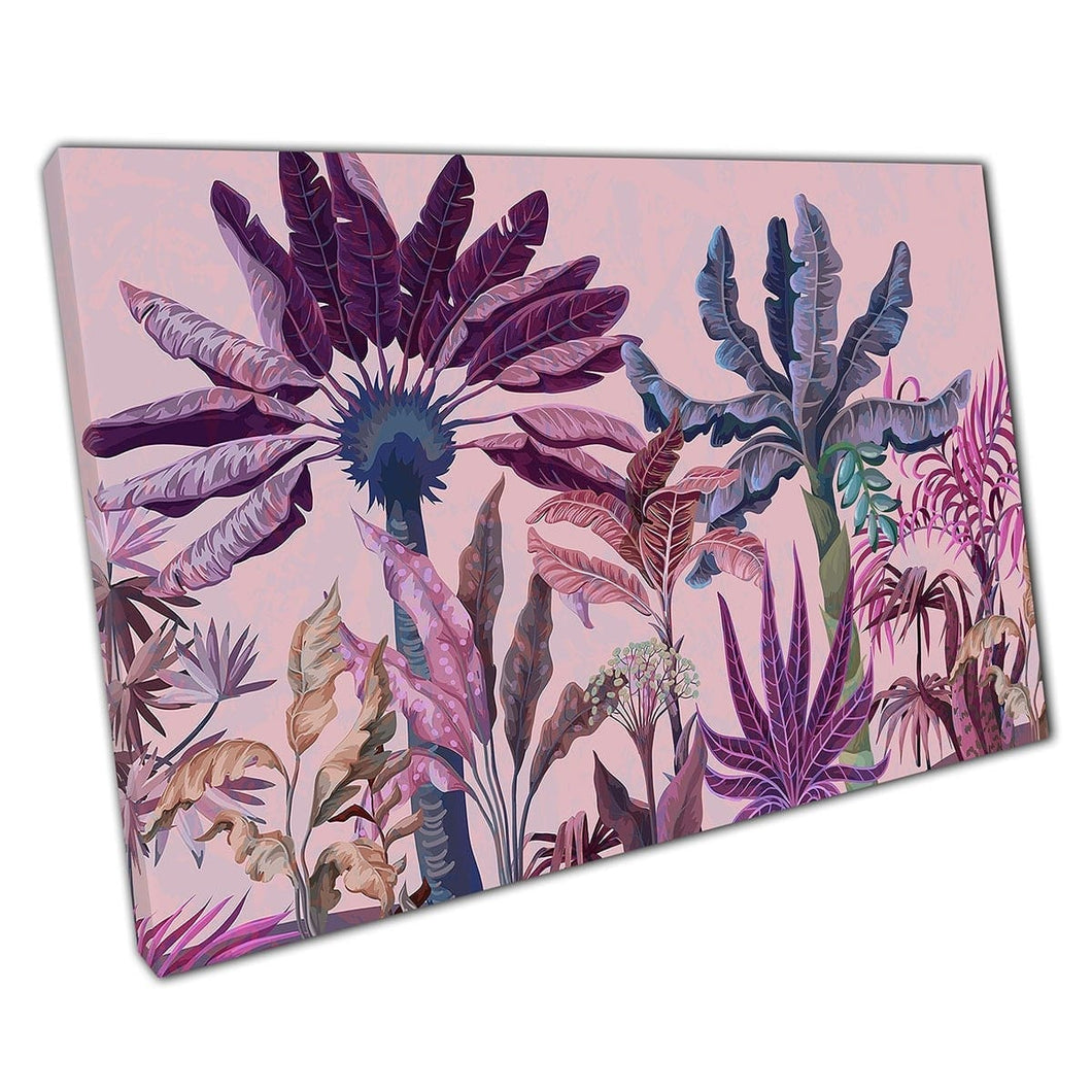 Verschillende soorten roze blauw paarse jungle bomen en struiken ongebruikelijke artistieke stijl kunst aan de muur op canvas gemonteerde canvas print