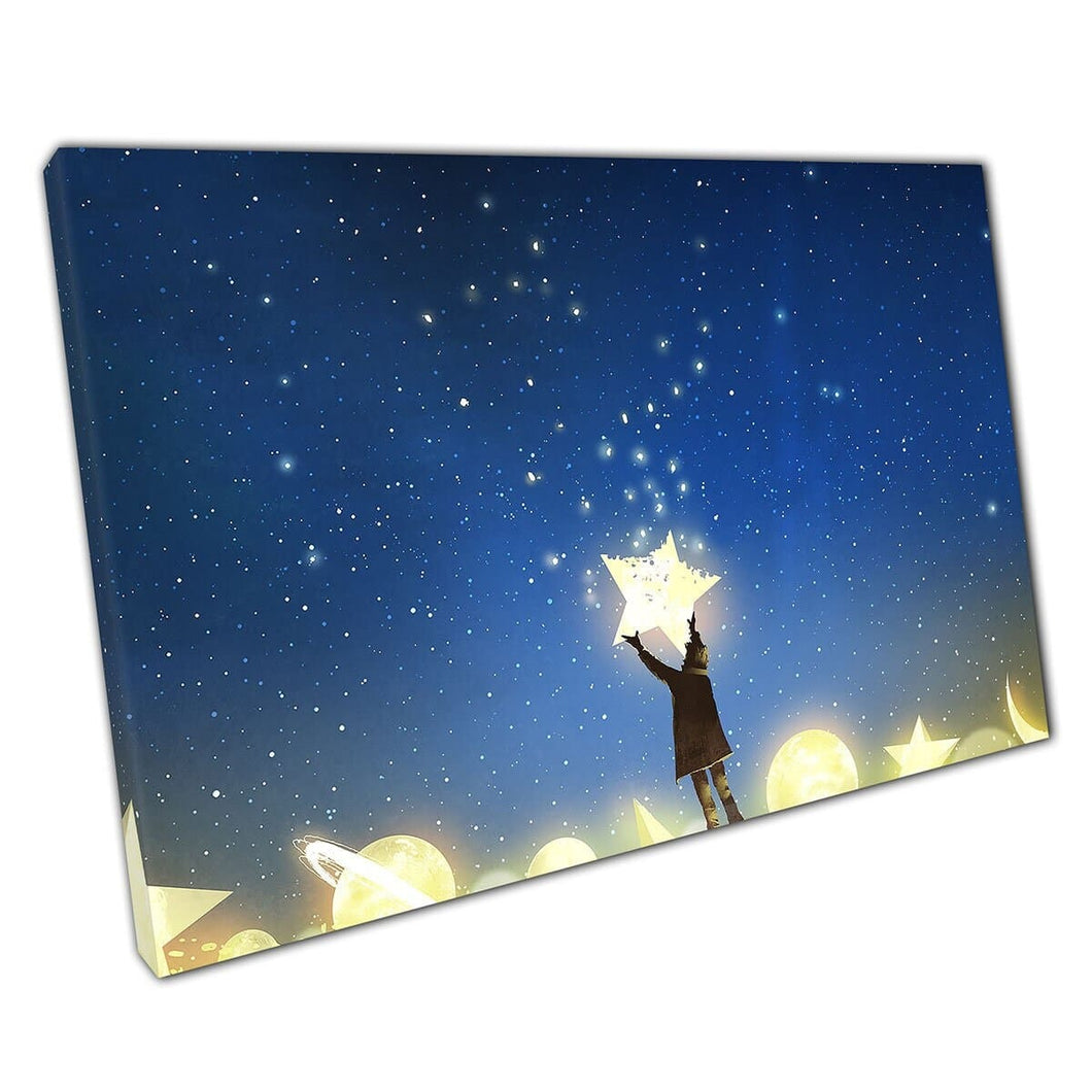 Jonge jongen regelt de nachtelijke hemel gloeiende sterren Moonets Planets Digitale kunst Wall Art Print op canvas gemonteerde canvas print
