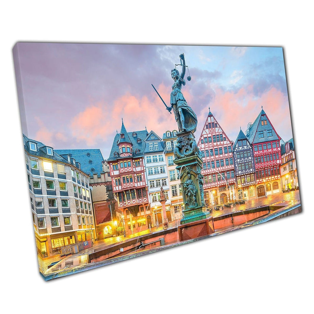 Old Town Square Romerberg Frankfurt Duitsland op Twilight Traditional Architecture Wall Art Print op canvas gemonteerde canvas print