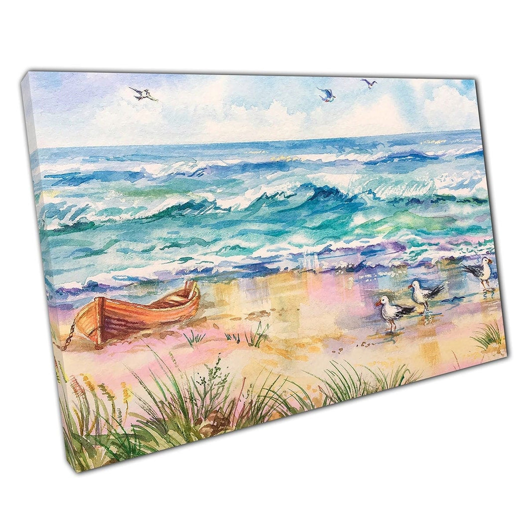 Waterverfschilderij Baltische zee strand kust strandboot en zeemeeuwen op de zandwall art print op canvas gemonteerde canvas print