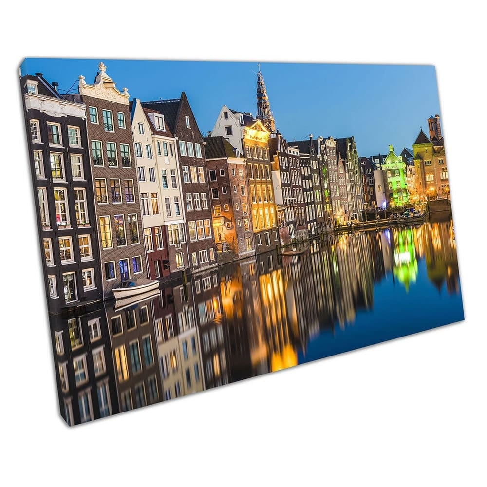 Blue skies over Damrak canal in the city of Amsterdam Netherlands Wall Art Print Mounted Canvas print