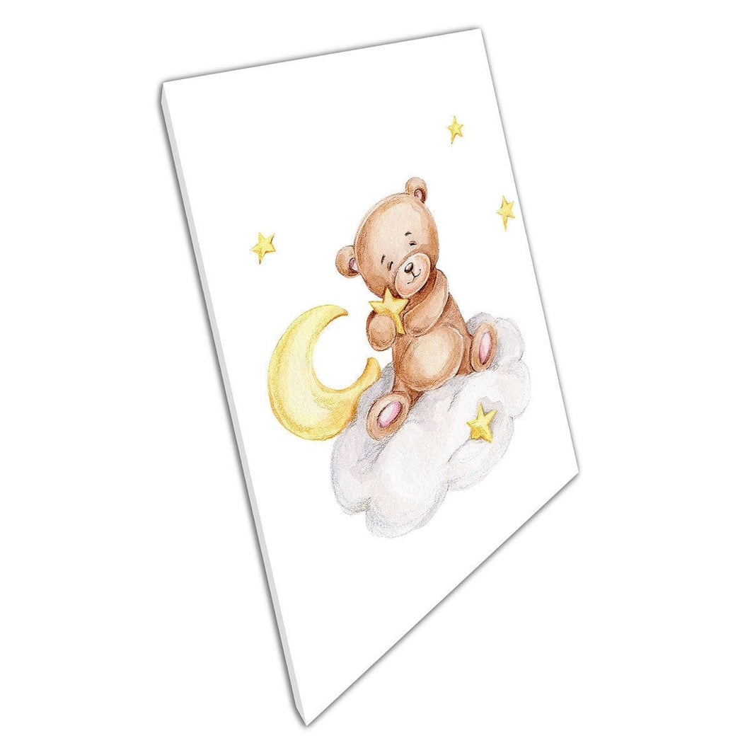 Schattige cartoon teddybeer knuffelen sterren op cloud kinderkamer kunst waterverfschildering muurkunst print op canvas gemonteerde canvas print