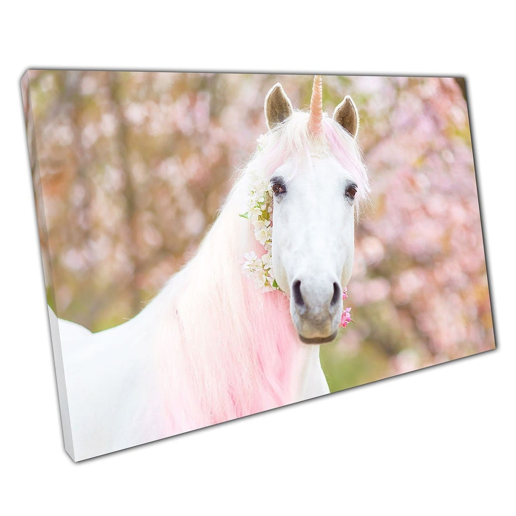 Sneeuwwitje eenhoorn roze en witte manen en hoorn magische bloeiende veertuin Wall Art Print op canvas gemonteerde canvas print