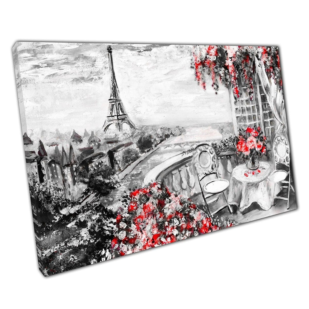 View From A Summer Cafe In Paris Surrounded By White And Red Flowers Wall Art Print On Canvas Mounted Canvas print
