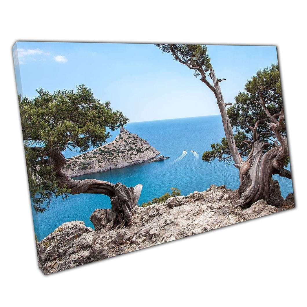 Splendida vista sul paesaggio da mare da una stampa per paradiso per paradici per vacanza di osservazione piena di bonsai su tela stampata stampata in tela