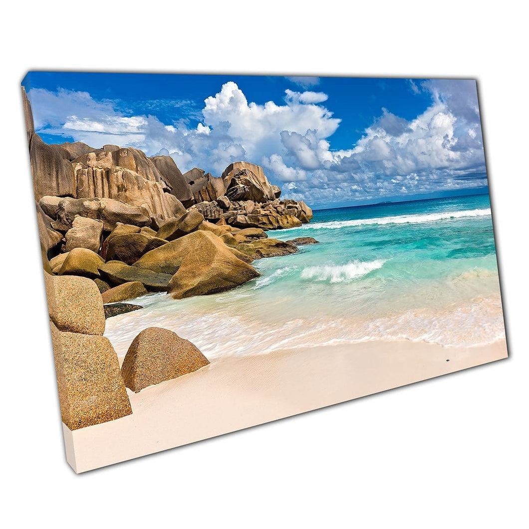 Beautiful Warm Sandy Seascape With Calm Waves Blue Skies Seychelles La Digue Island Wall Art Print On Canvas Mounted Canvas print