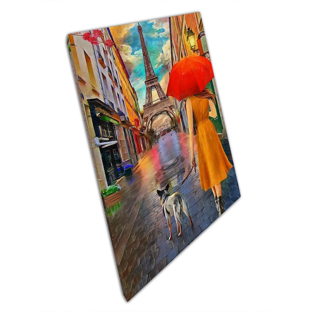 Vrouw en hond dwalen naar de Eiffeltoren in de regenolie in de regen in de muurwand op canvas gemonteerde canvas print