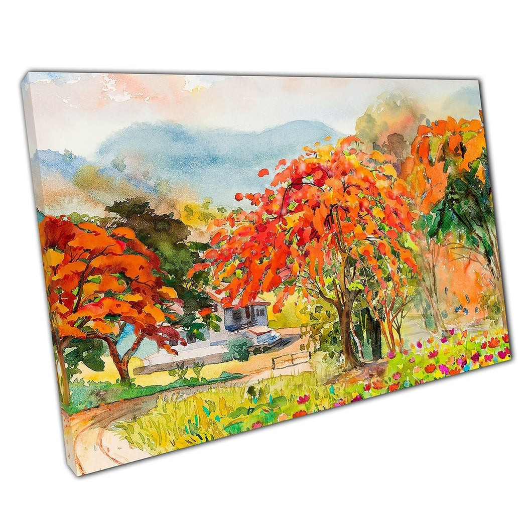 Autumnal Orange Red Yellow Toned Trees Peacock Flowers Path Through Park Painting Wall Art Print On Canvas Mounted Canvas print