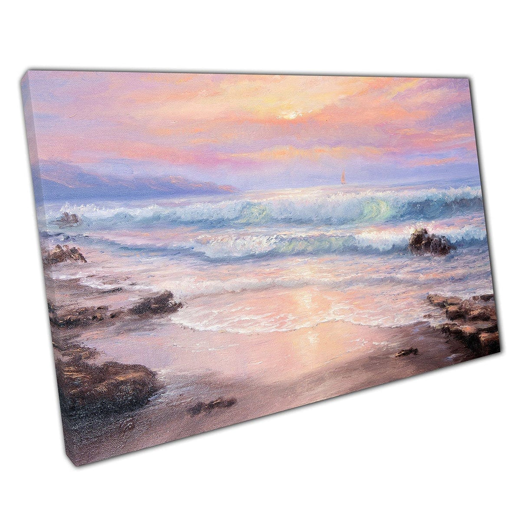 Beautiful Pink Purple Cloudy Sunset Over Seashore Impressionism Oil Painting Style Wall Art Print On Canvas Mounted Canvas print