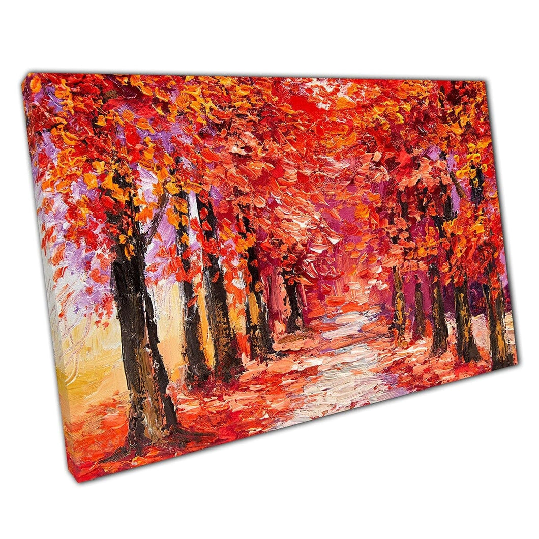 Levendige karmozijnrode rode herfstbos Woodland Impressionisme Oil Painting Style Wall Art Print op canvas gemonteerde canvas print