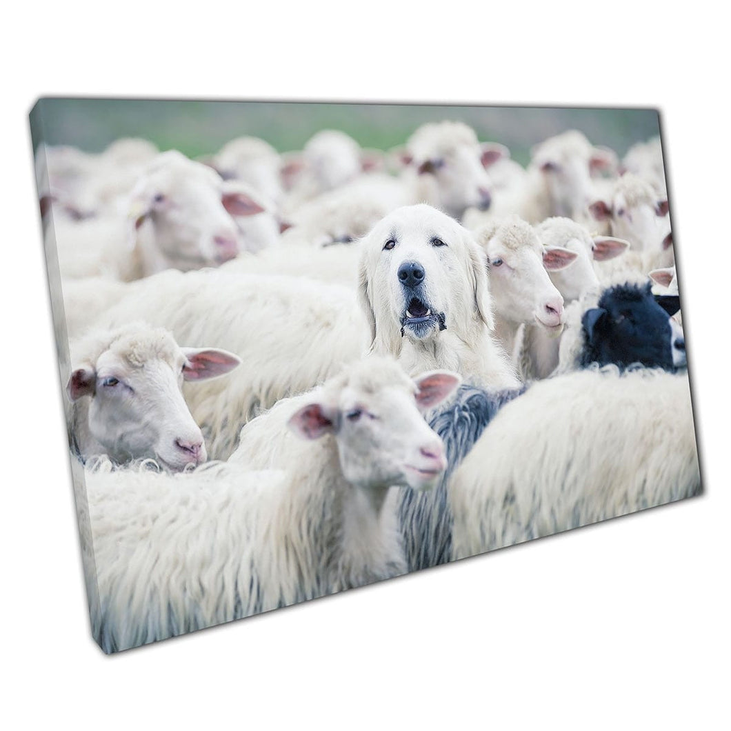 Shepherd Sheep Dog Popping His Head Out Of Sheep Flock Herd Interesting Photography Wall Art Print On Canvas Mounted Canvas print