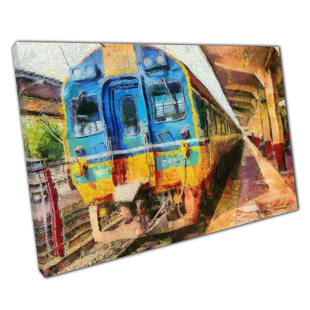 Diesel trein bij station Impressionist Painting Illustration Style Wall Art Print op canvas gemonteerde canvas print