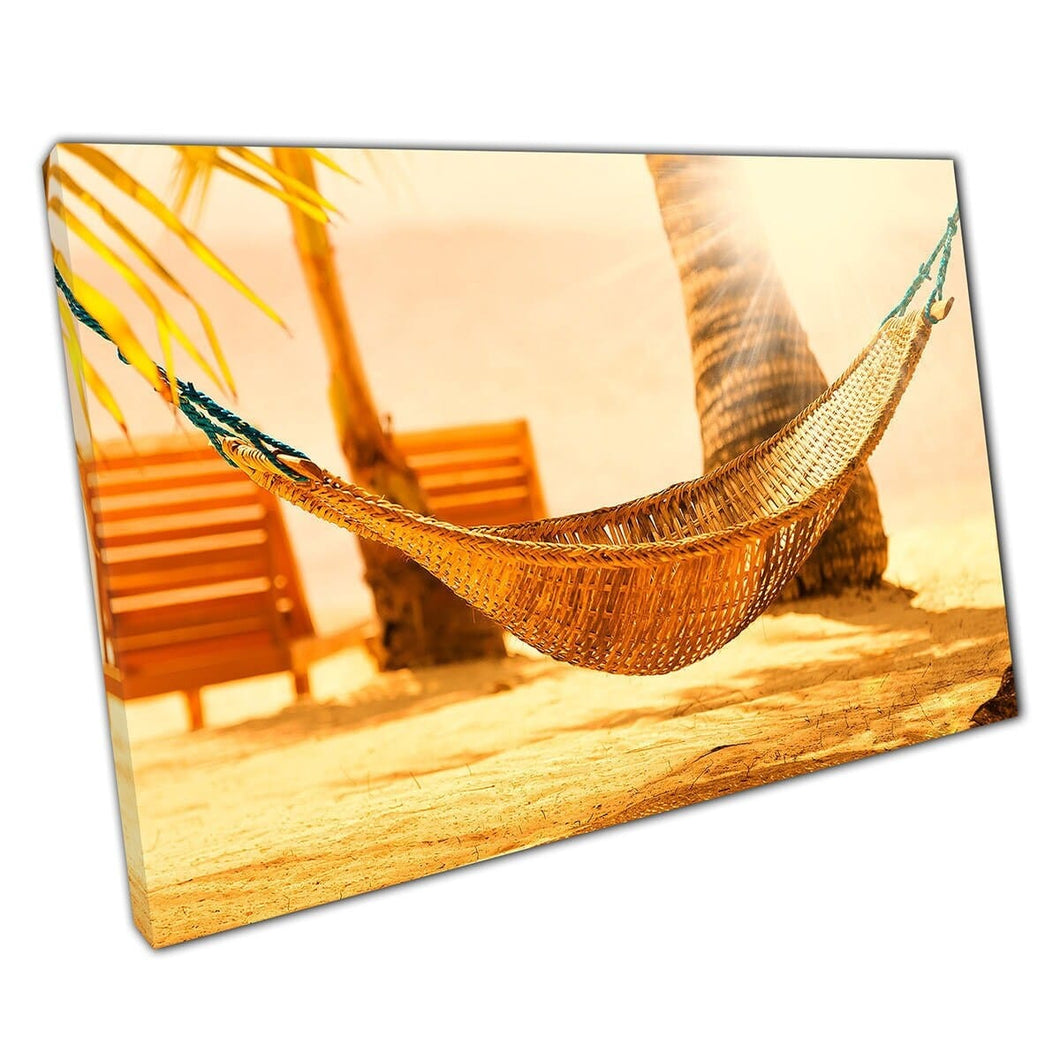 Beautiful Beach Sunset Over Tree Tied Hammock Philippine Island Luxury Getaway Wall Art Print On Canvas Mounted Canvas print
