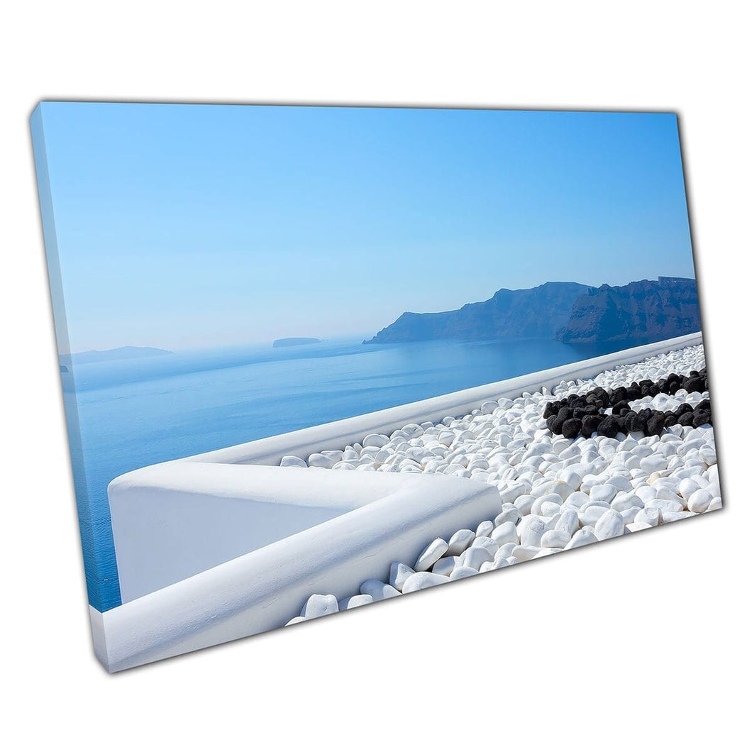 View Of Beautiful Greek Santorini Seascape From Black And White Stone Terrace Balcony Wall Art Print On Canvas Mounted Canvas print